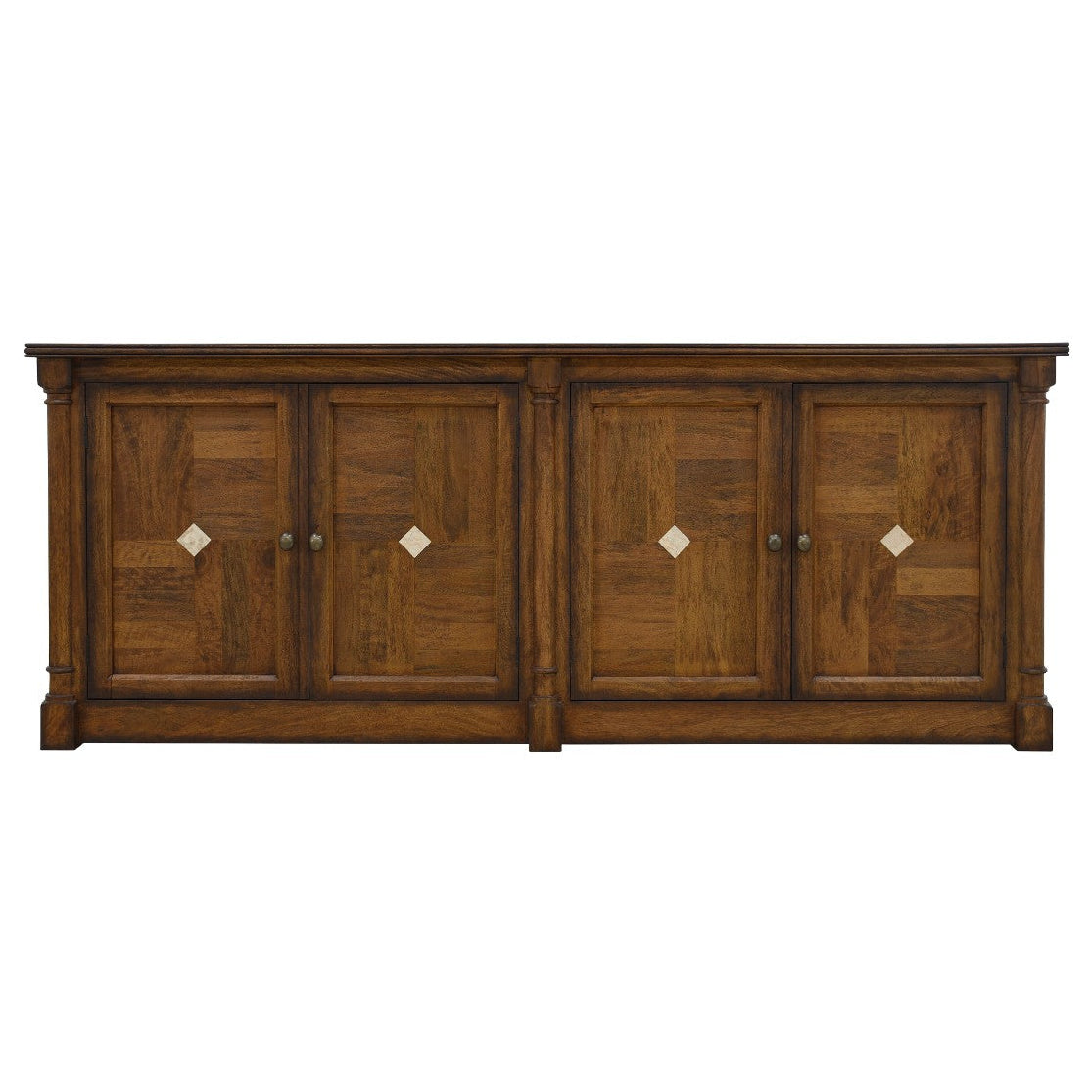 Aldwyn mango wood sideboard with cream stone inlay, four paneled doors, and turned accents for timeless European charm.