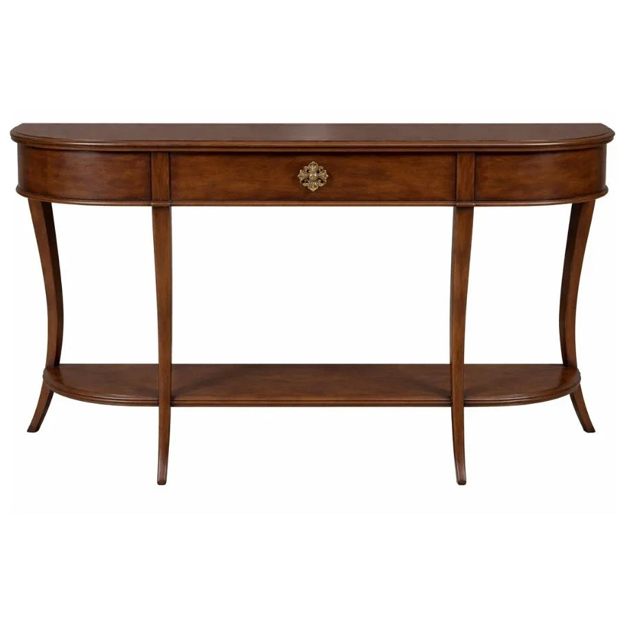 Elegant French country console table with curved legs, drawer, and lower shelf in rich wood finish
