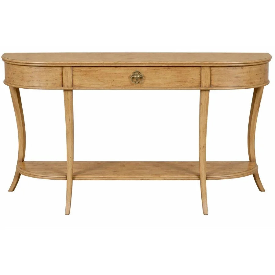 Elegant French country console table with curved legs and drawer, natural wood finish