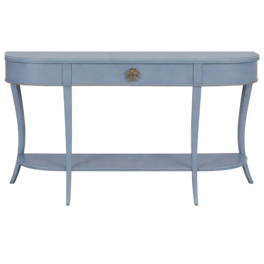 Elegant blue console table with floral knob, French country style, curved legs, and lower shelf