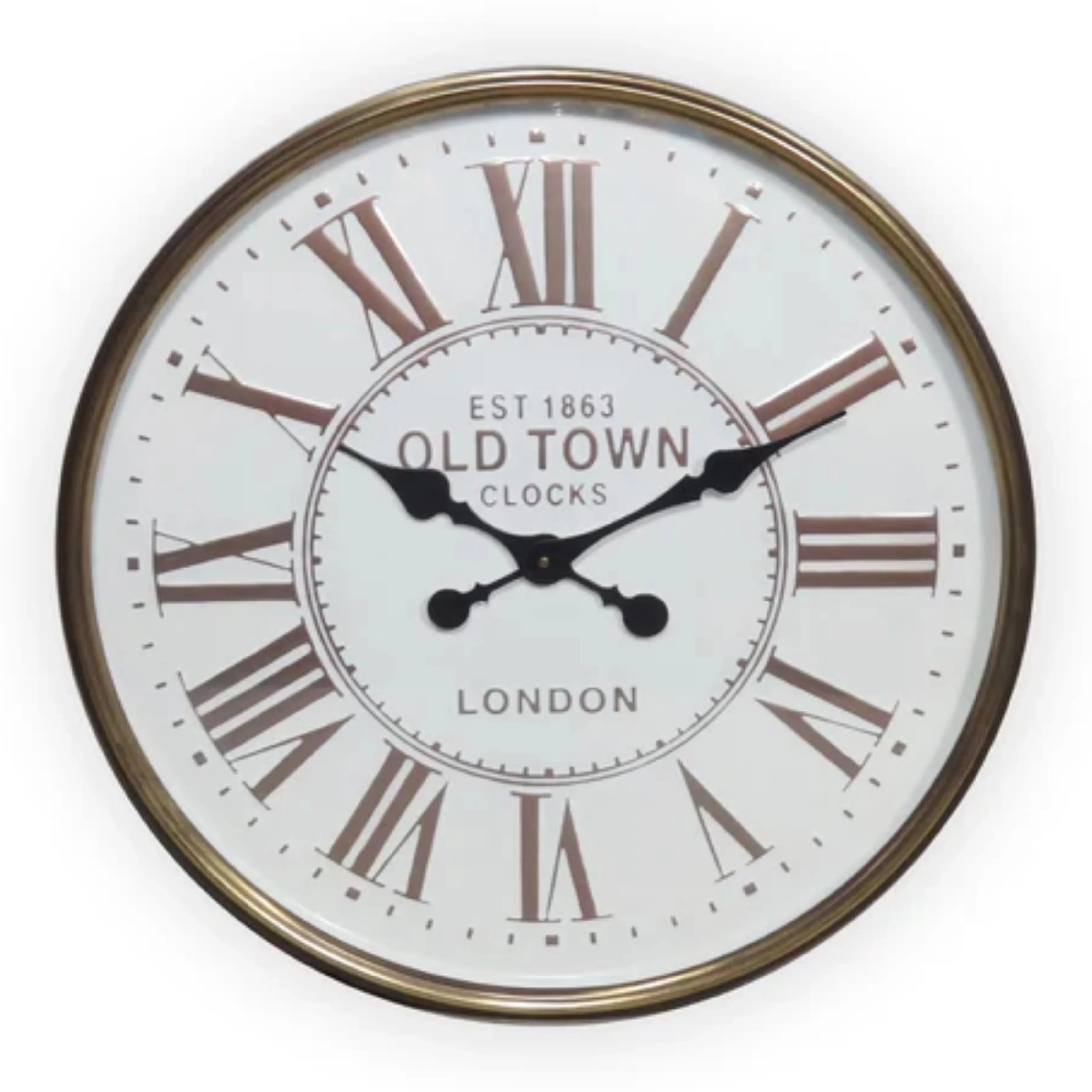 Vintage-style wall clock with Roman numerals, gold frame, 'Old Town Clocks' text, perfect for farmhouse or shabby chic decor.