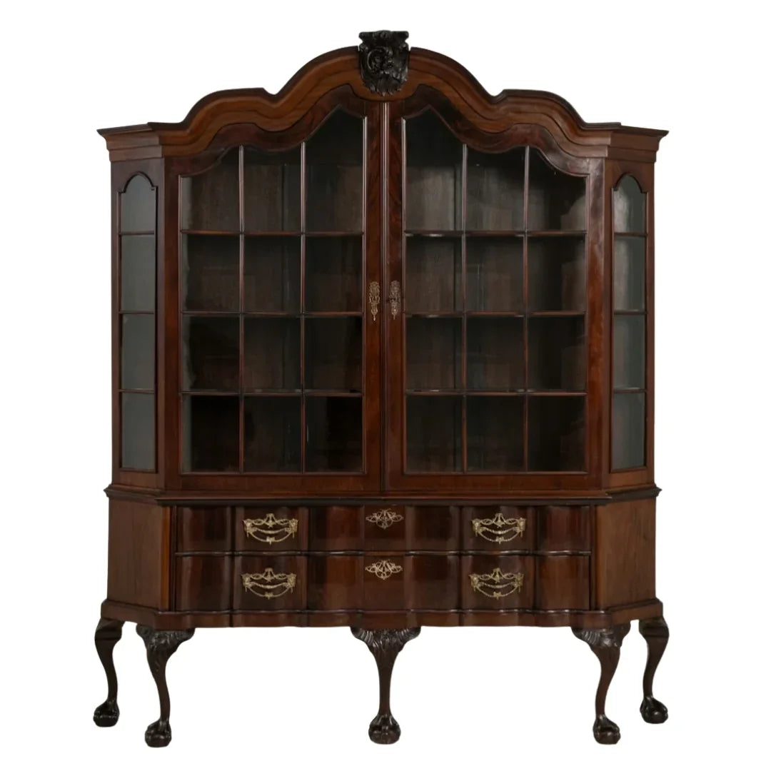 Elegant French country display cabinet with glass doors, ornate hardware, and cabriole legs