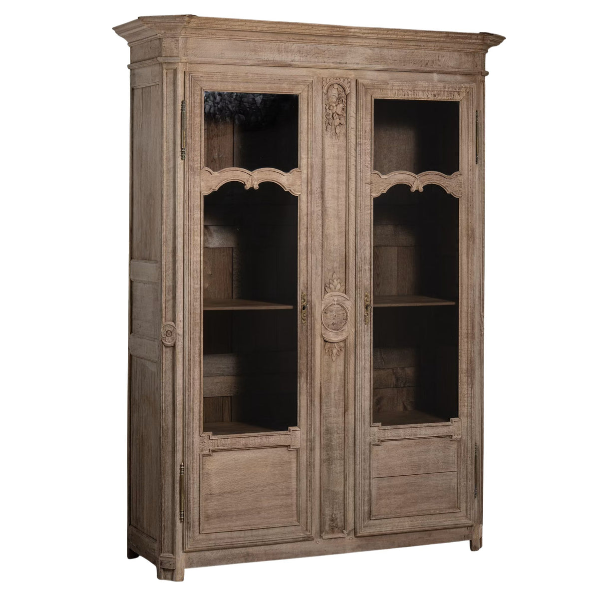 Antique French Carved Oak Glass Door Cabinet, Circa 1870