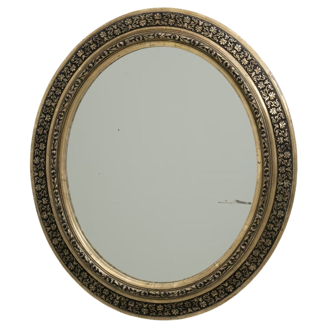 Antique French Black Gilt Floral Oval Mirror, Circa 1880