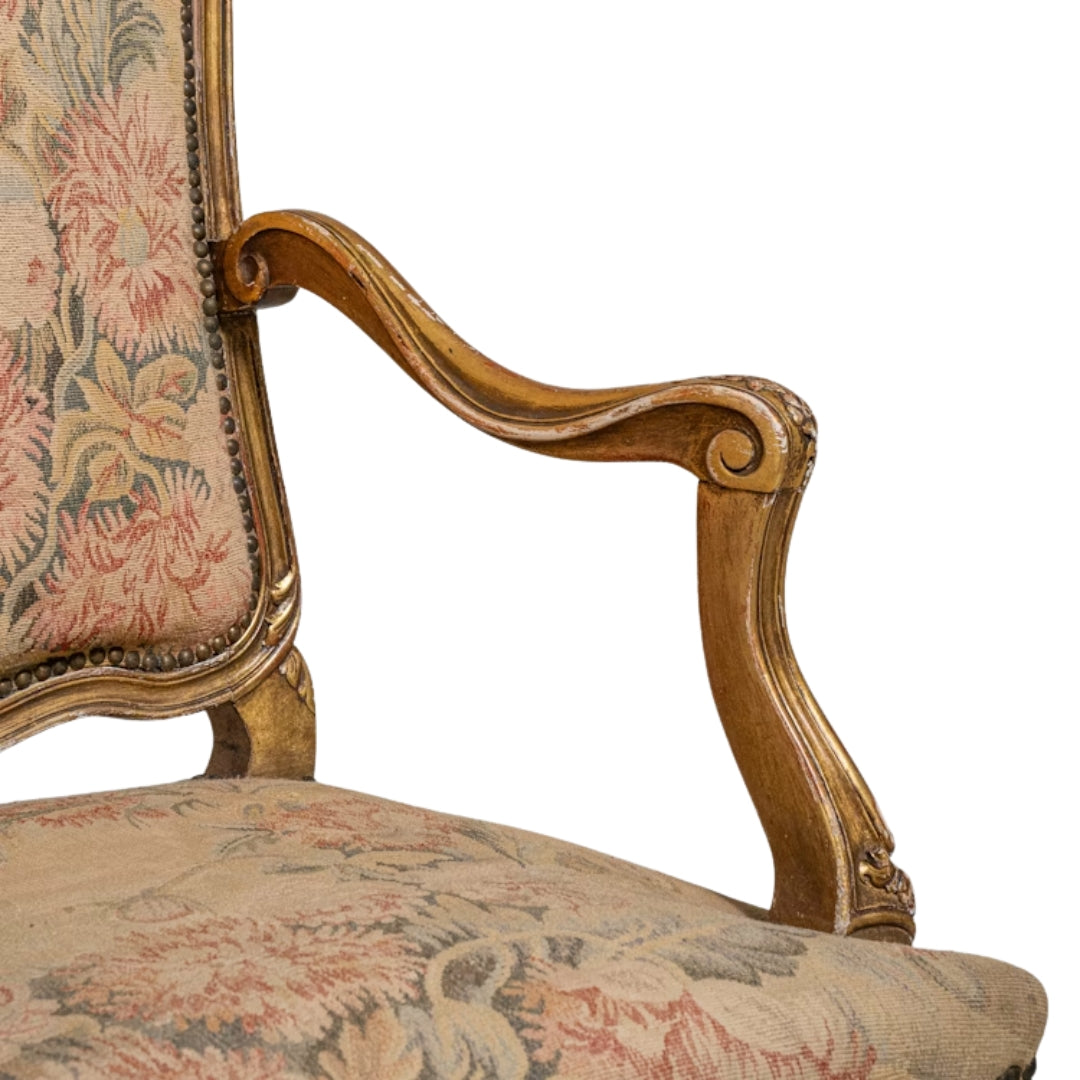 Antique French Louis XV Giltwood Tapestry Armchair, Pair