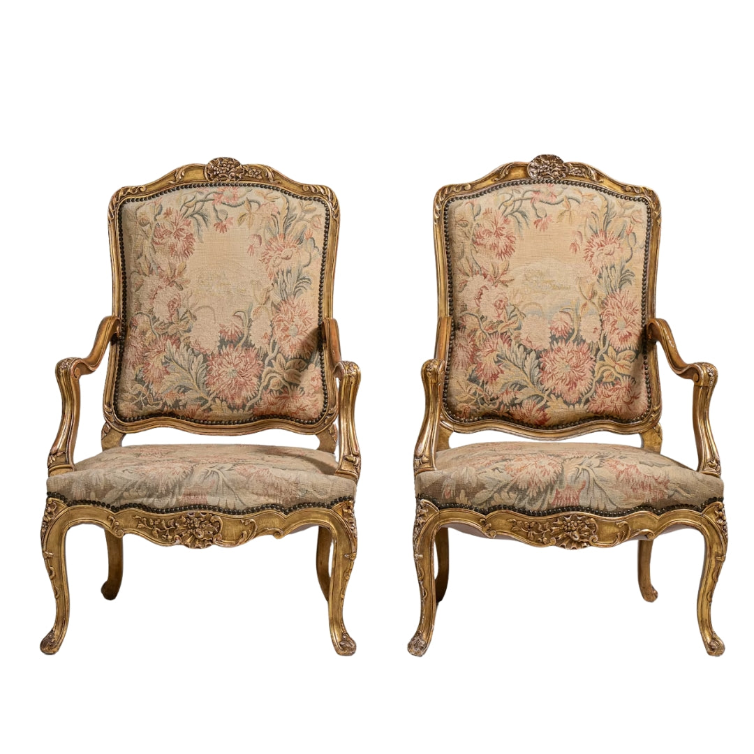 Antique French Louis XV Giltwood Tapestry Armchair, Pair