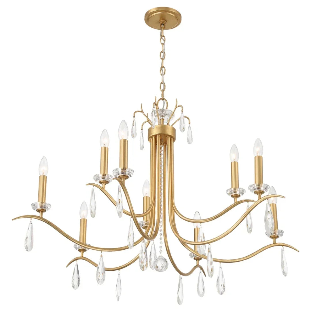 Elegant gold chandelier with crystal droplets, perfect for French country or farmhouse decor