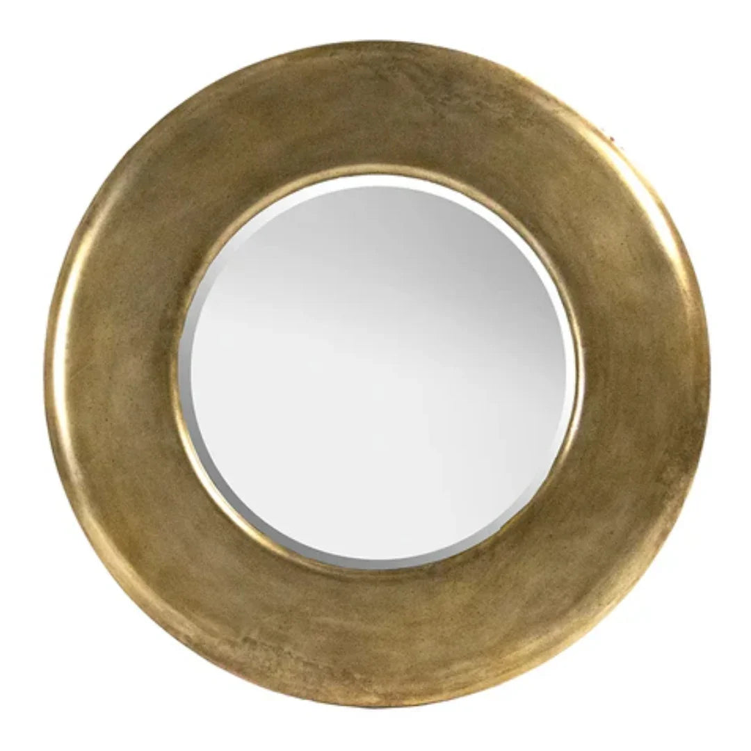 Round gold-framed mirror with rustic finish, perfect for French country or farmhouse decor