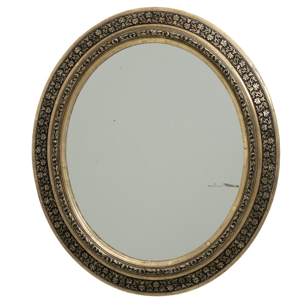 Antique French Black Gilt Floral Oval Mirror, Circa 1880