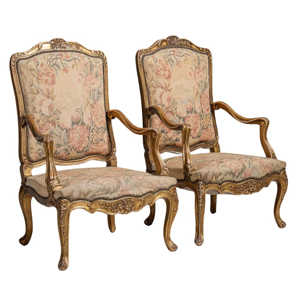 Antique French Louis XV Giltwood Tapestry Armchair, Pair