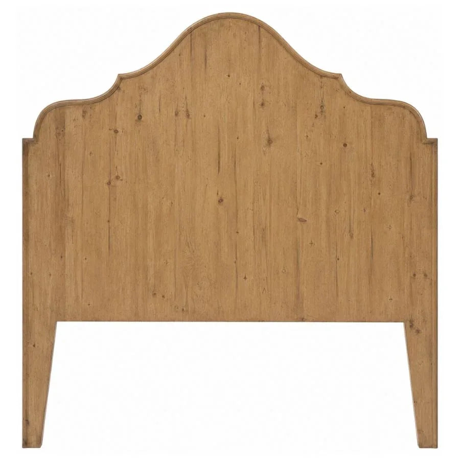 Rustic wood headboard with arched top, perfect for farmhouse or shabby chic bedroom decor