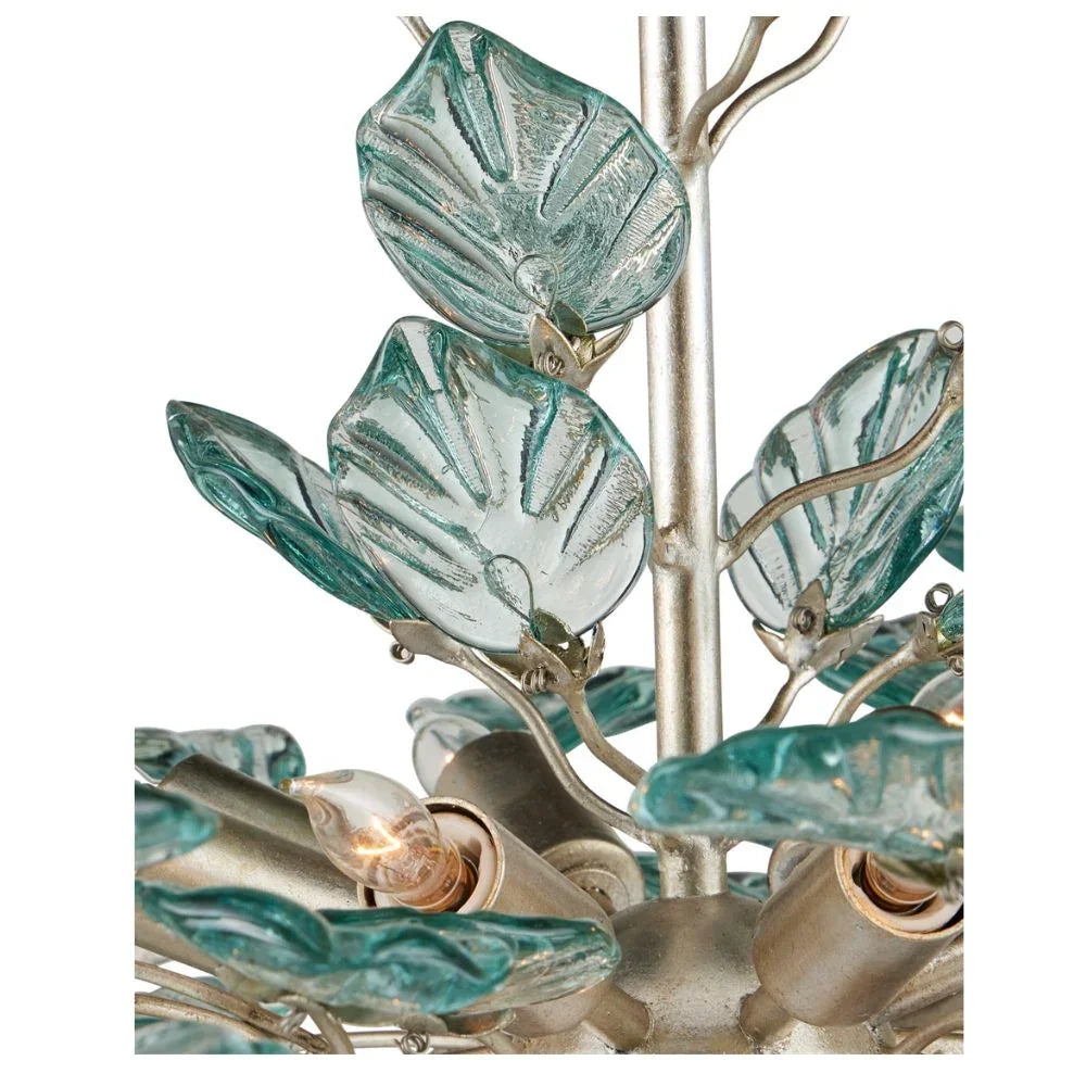 Aquamarine Silver Leaf Recycled-Glass Chandelier