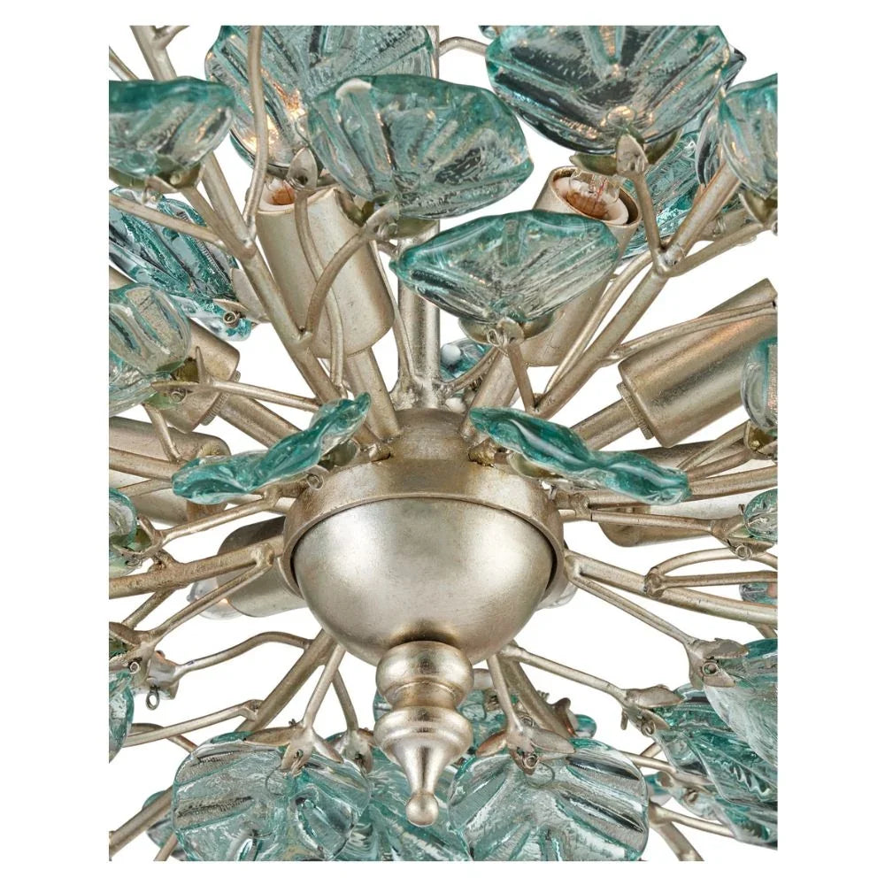 Aquamarine Silver Leaf Recycled-Glass Chandelier