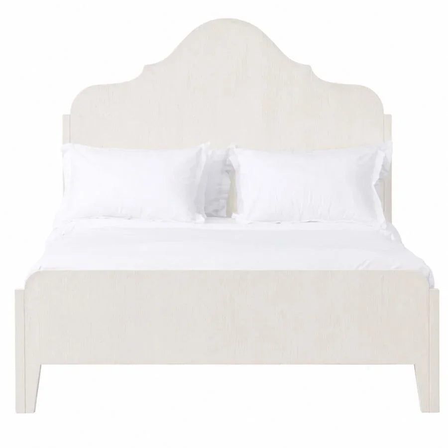 Elegant white upholstered bed frame with curved headboard, perfect for French country or shabby chic bedrooms