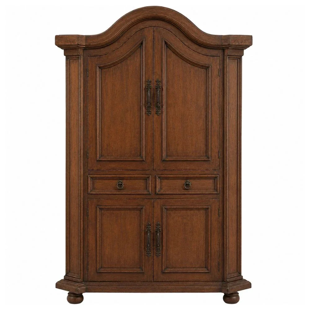 French country armoire with arched top, ornate handles, and warm wood finish