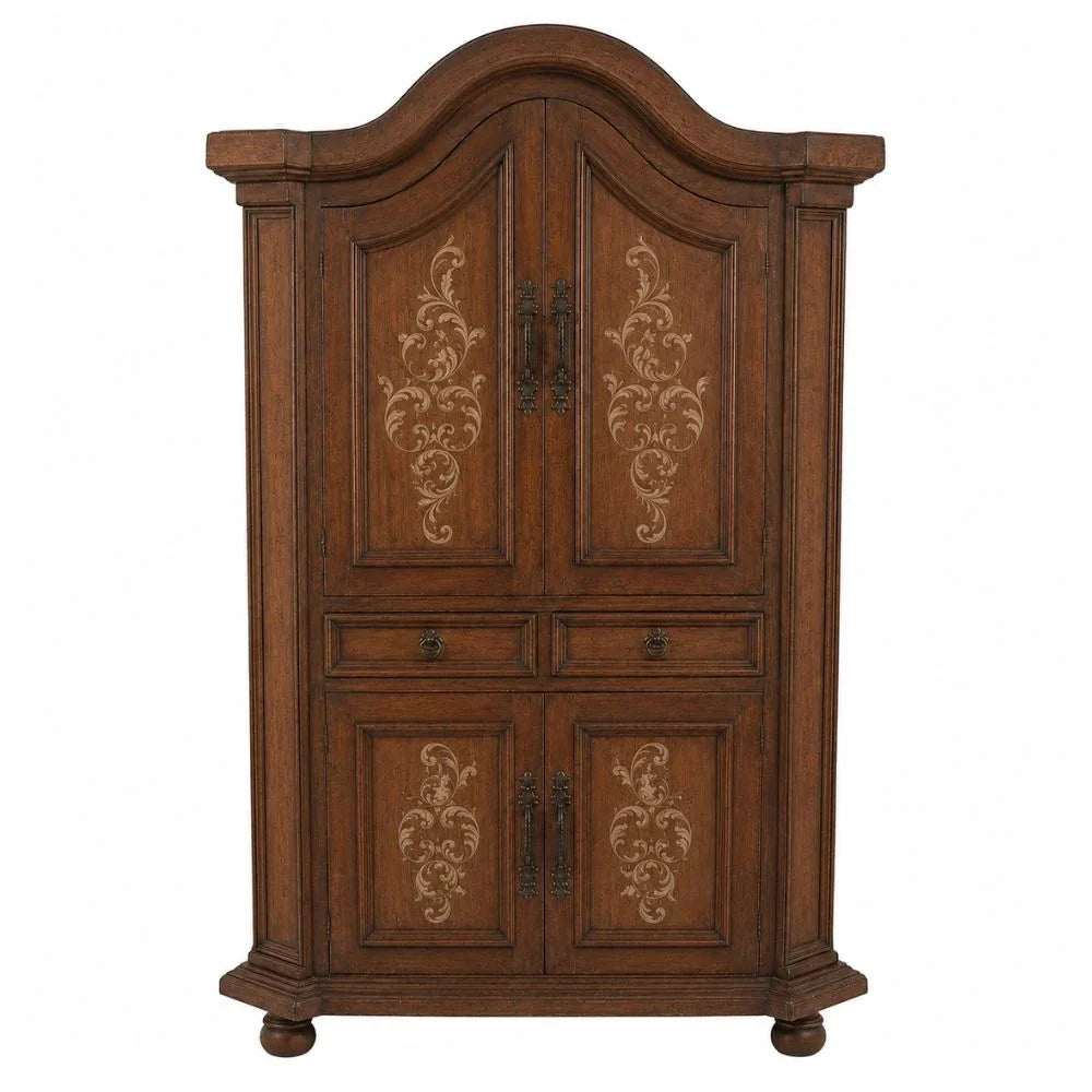 Elegant French country armoire with ornate scrollwork and dark wood finish