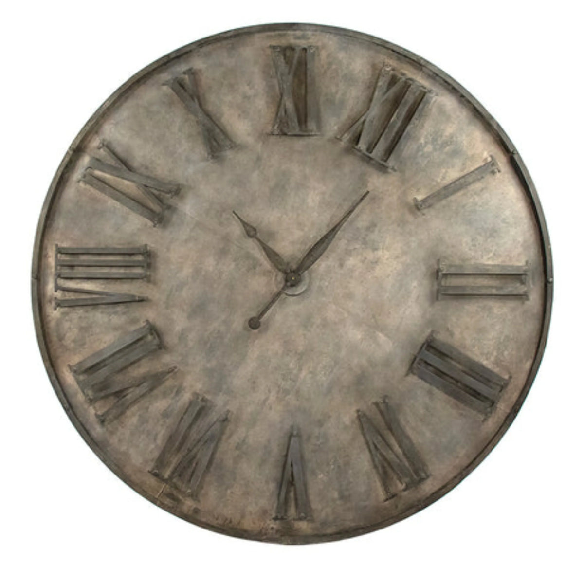 Rustic metal wall clock with Roman numerals, vintage farmhouse decor style