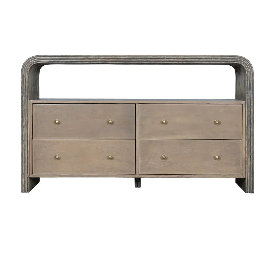Rustic wooden dresser with four drawers and curved frame, ideal for farmhouse or shabby chic decor