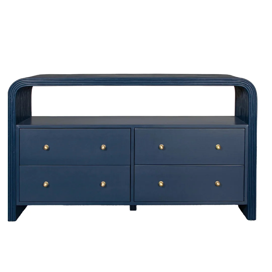 Navy blue console table with gold knobs, modern farmhouse style storage furniture