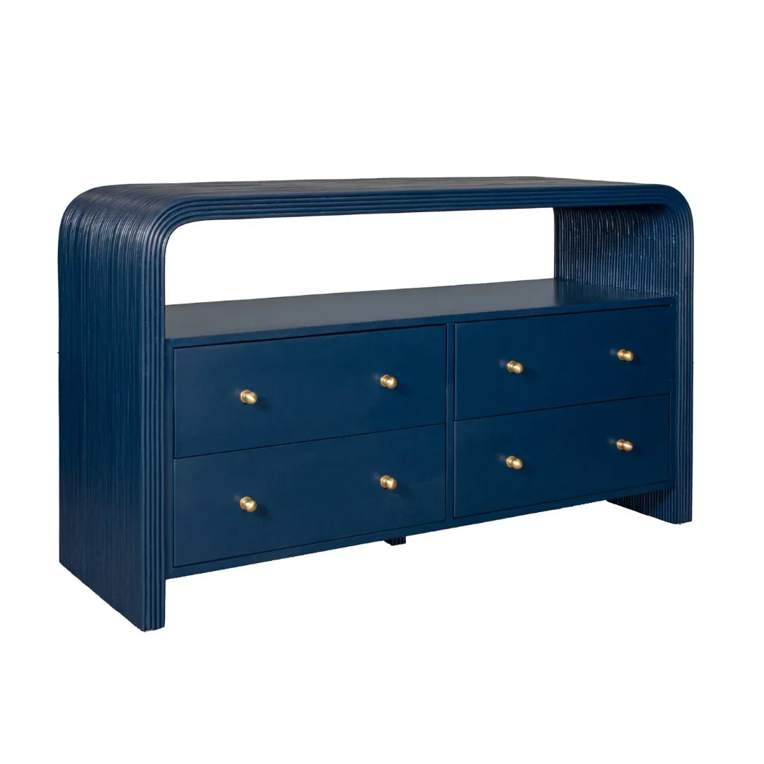 Navy blue console table with gold knobs, ribbed design, and open shelf for coastal or farmhouse decor