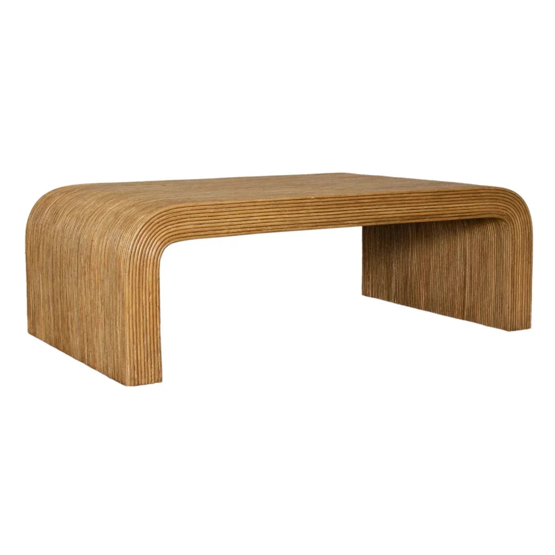 Modern curved wooden coffee table with layered design, natural boho style