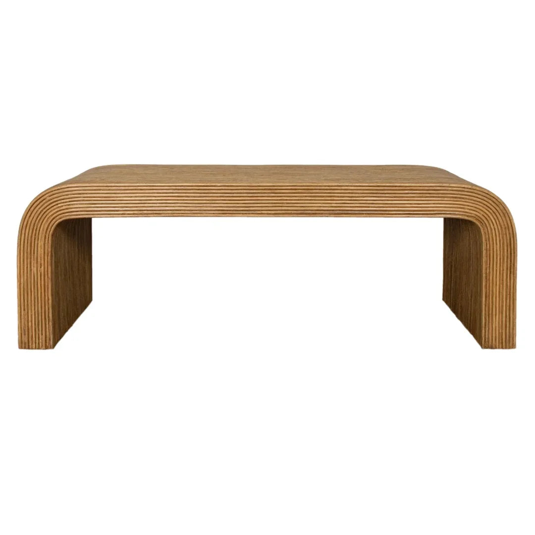 Modern curved wooden coffee table with ribbed texture, ideal for farmhouse or boho interiors