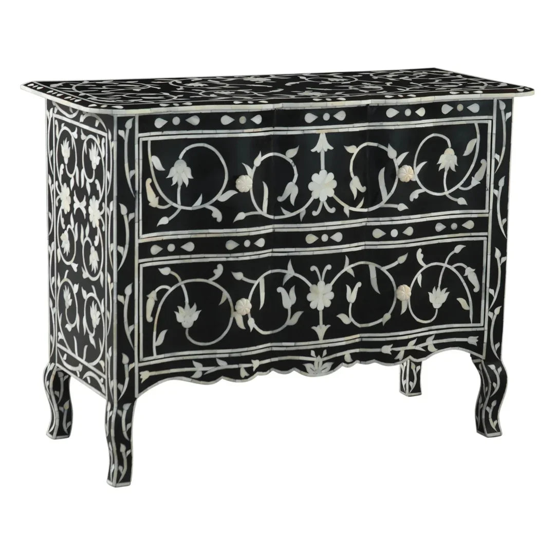 Black and white floral inlay chest with ornate bone designs, French country style furniture