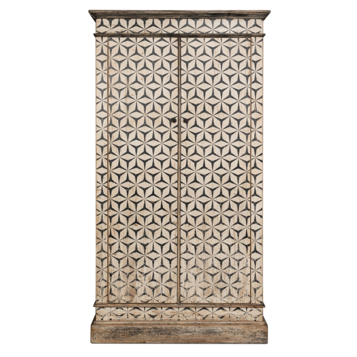 Artisan reclaimed pine cabinet with tan and black geometric-patterned doors, distressed finish, and rustic antique-inspired details.