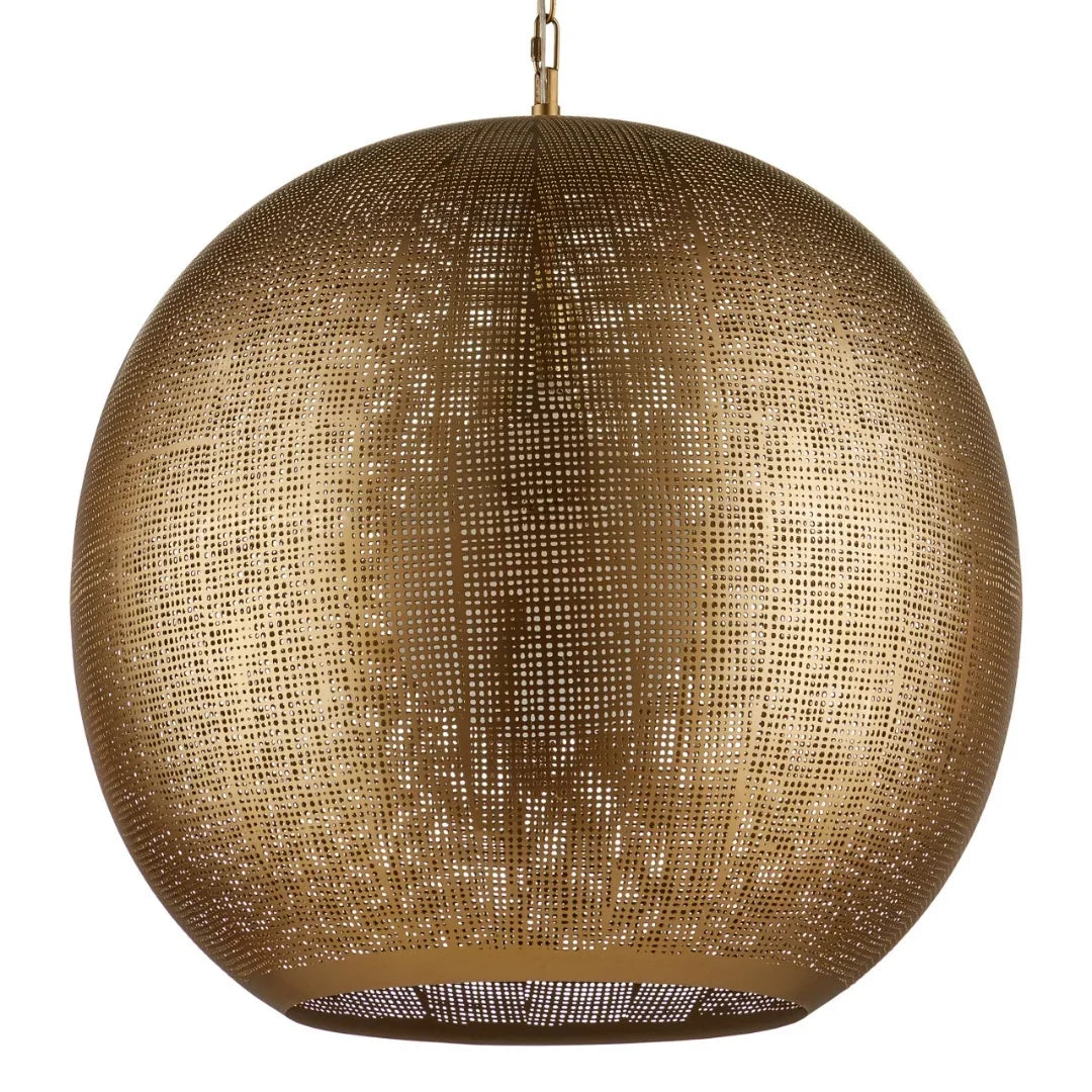 Gold perforated sphere pendant light for modern farmhouse or coastal decor