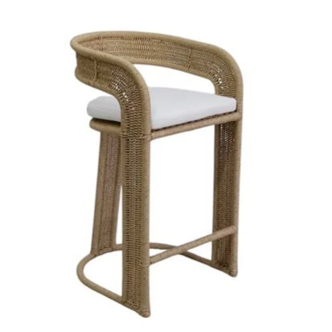 Woven rattan bar stool with white cushion, natural boho coastal style seating