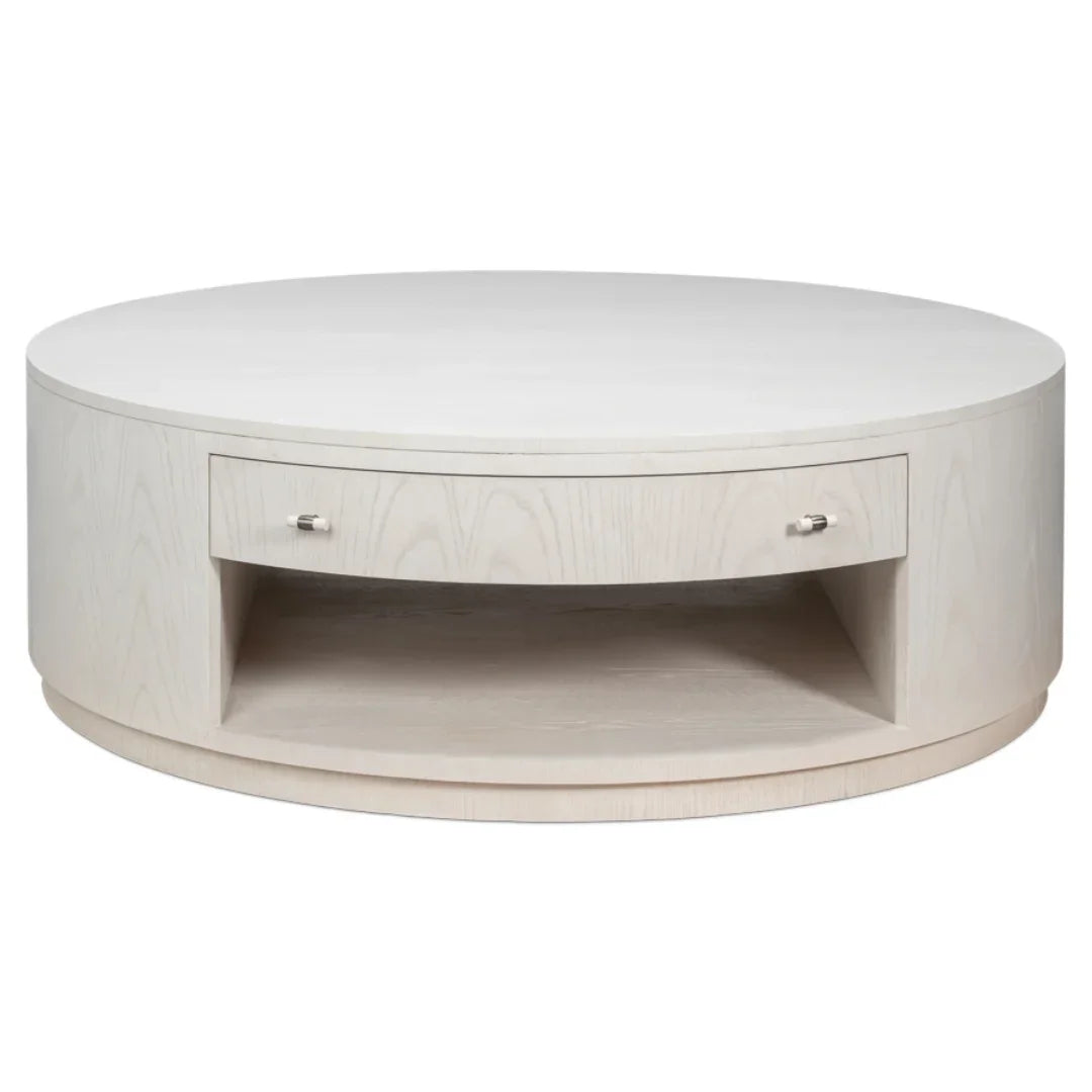 Round white coffee table with drawer and shelf, coastal farmhouse style