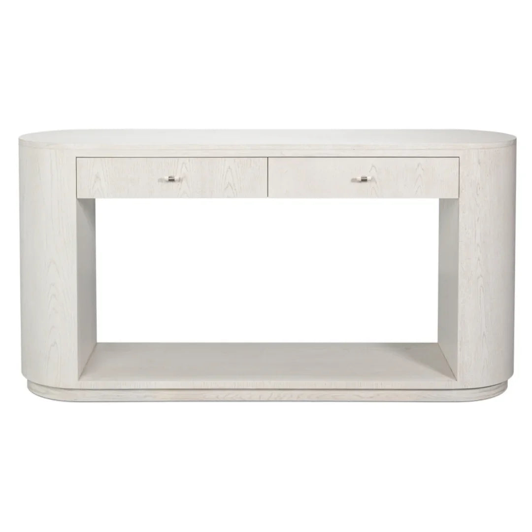 White oval console table with two drawers and open shelf, modern farmhouse style furniture