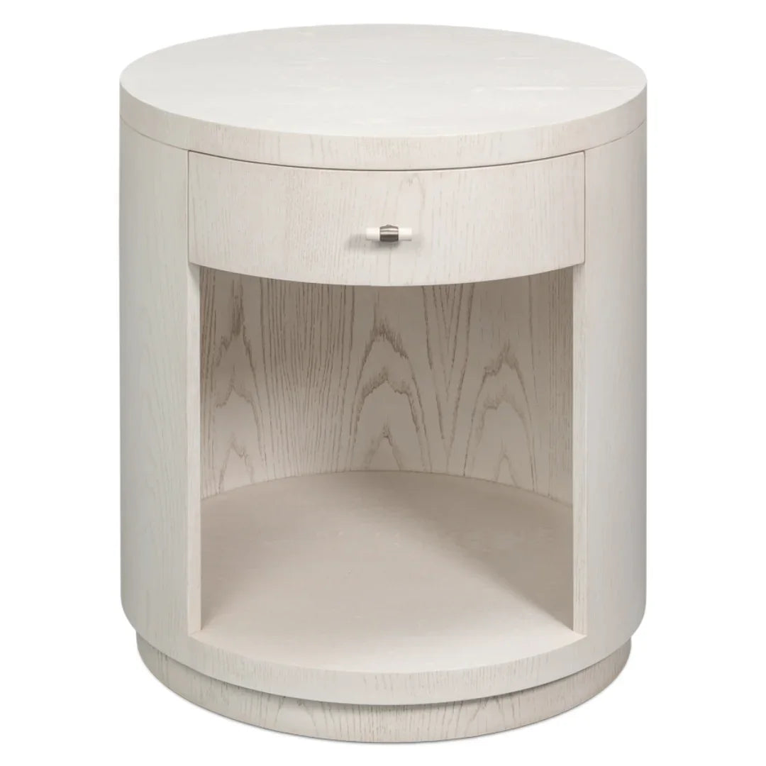 Round white nightstand with drawer and open shelf, coastal farmhouse style furniture