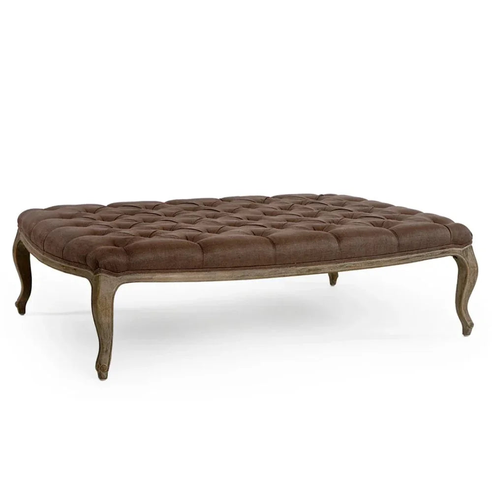 Tufted brown ottoman with curved legs, French country style furniture