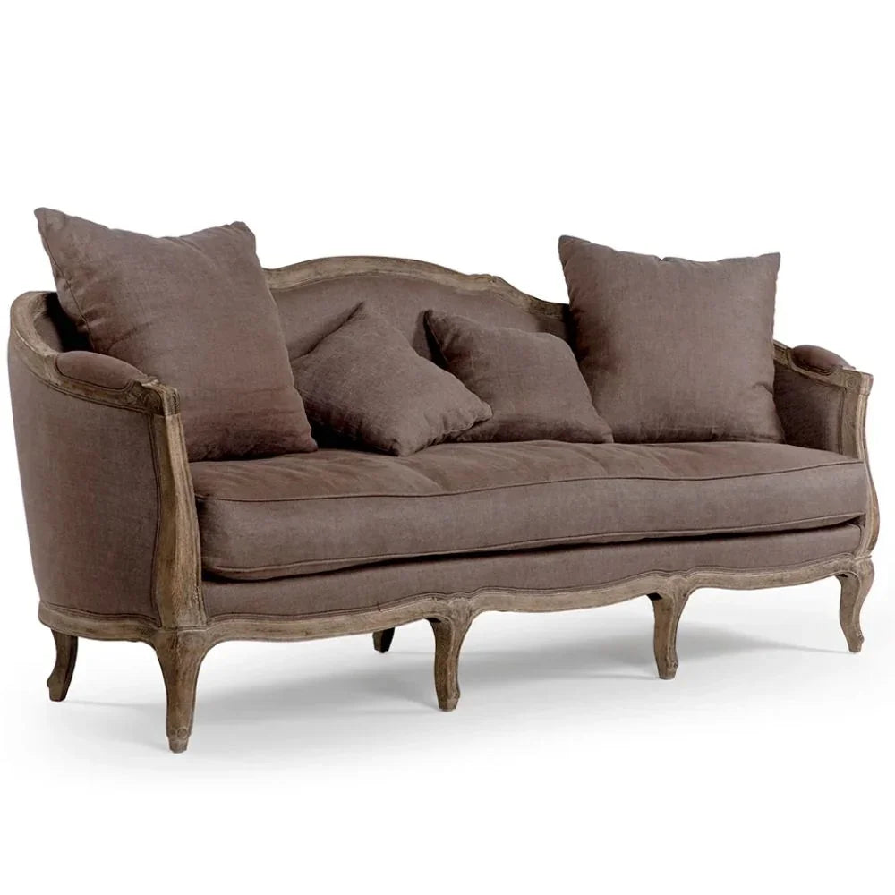 French country sofa with distressed wood frame and brown linen upholstery, shabby chic style
