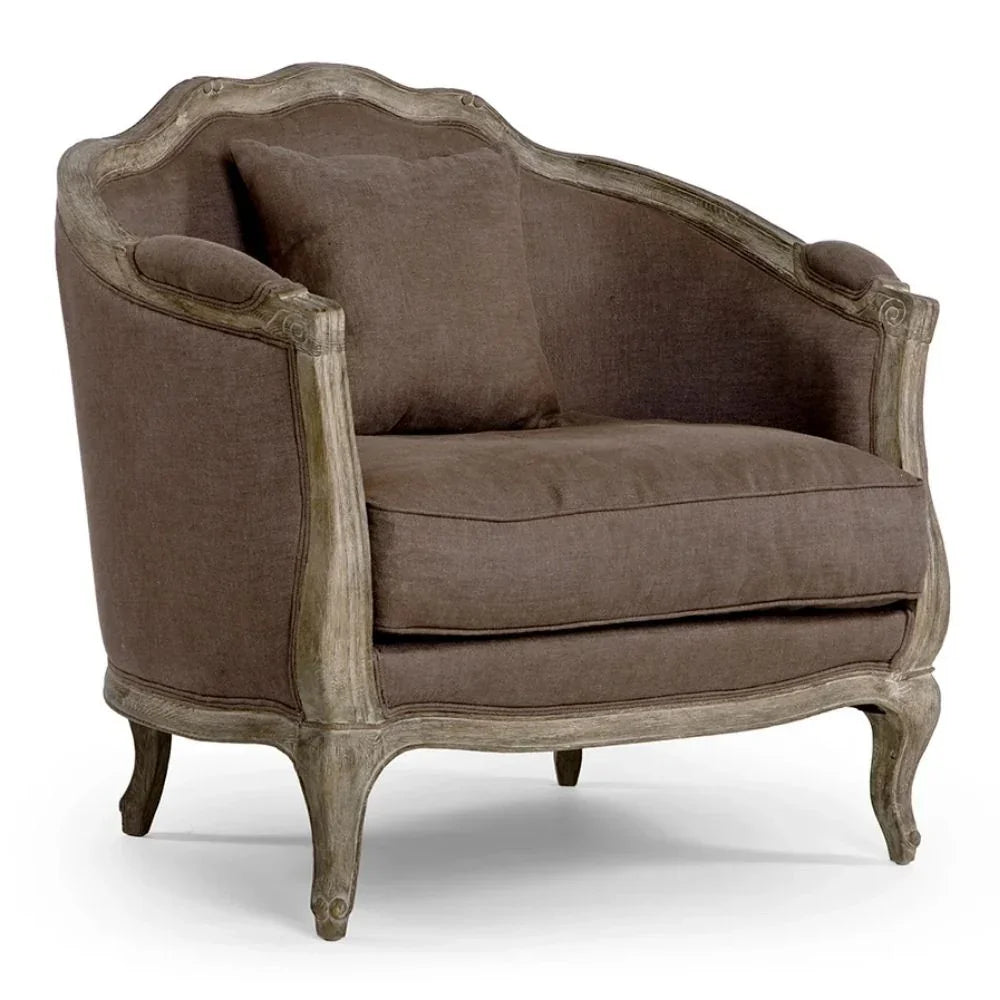 French country armchair with distressed wood frame and brown linen upholstery, elegant curved design