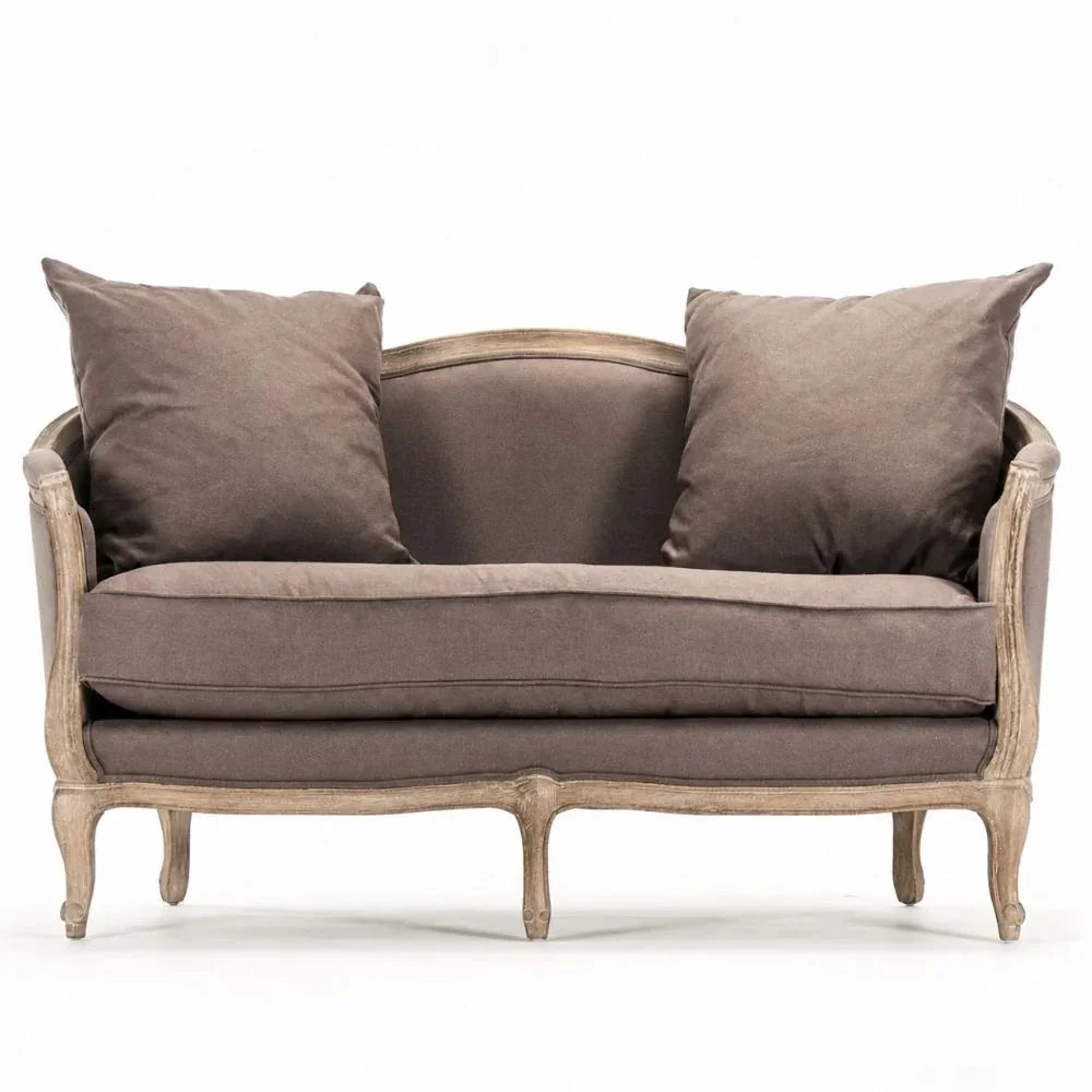 French country loveseat with distressed wood frame and taupe upholstery, shabby chic style