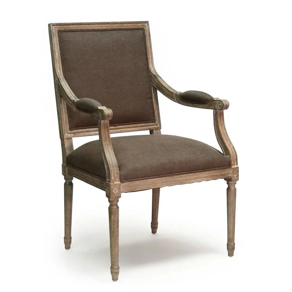 French country armchair with distressed wood frame and brown upholstered seat, elegant vintage design