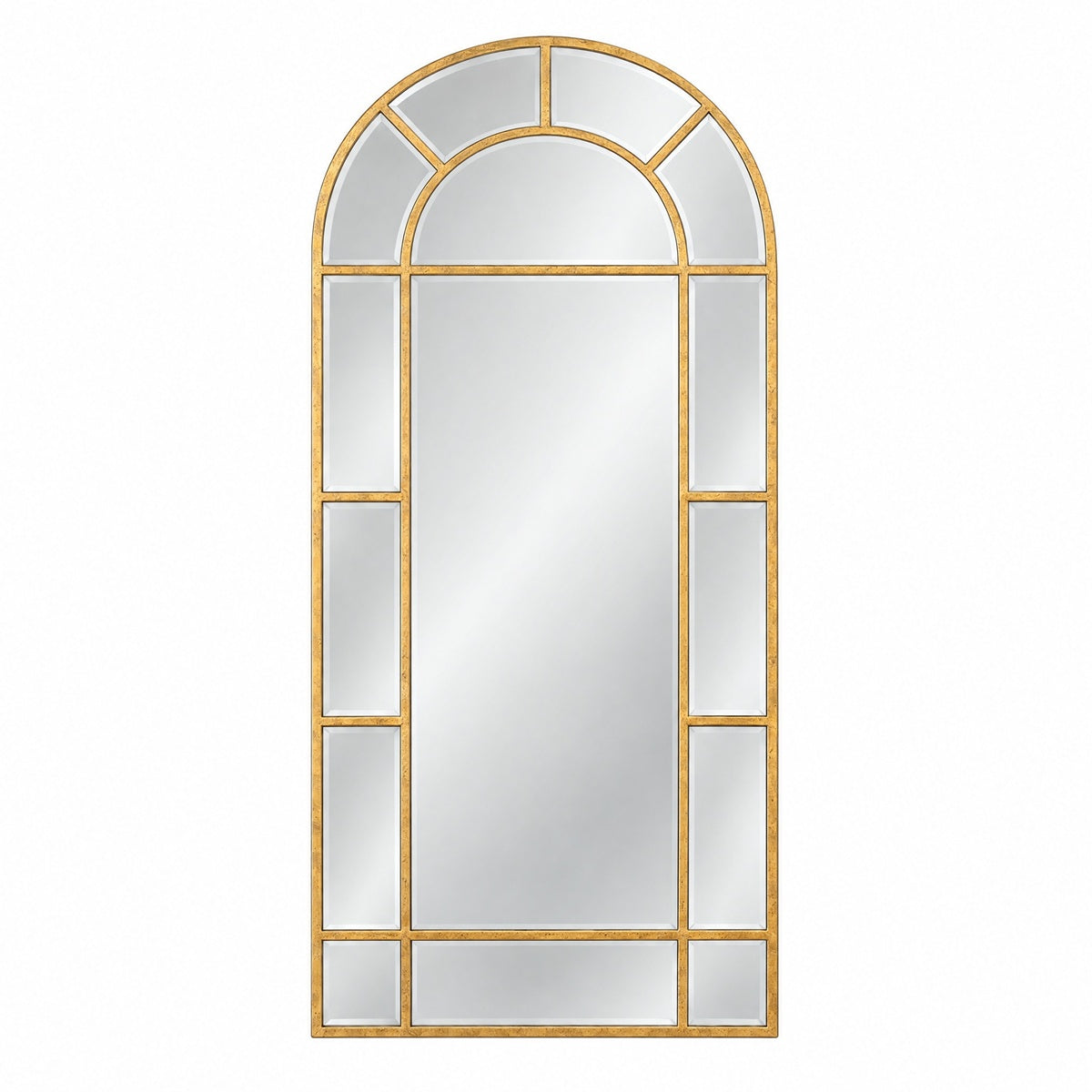Aurelia arched gold floor mirror with beveled glass panels, an antiqued gold frame, and cathedral windowpane detailing.