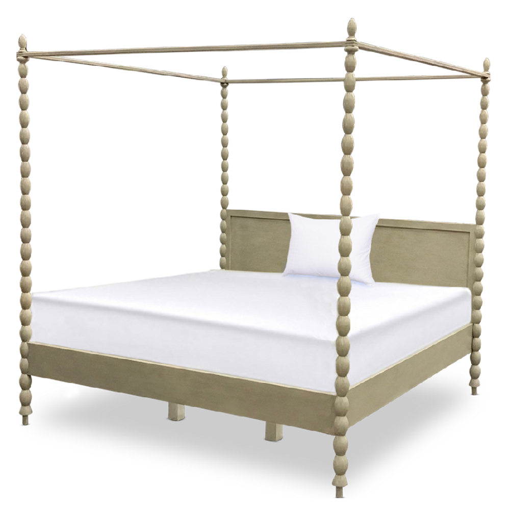 Aurelian Spindle Post Canopy Bed featuring sculptural turned posts, an open canopy frame, and a classic paneled headboard.