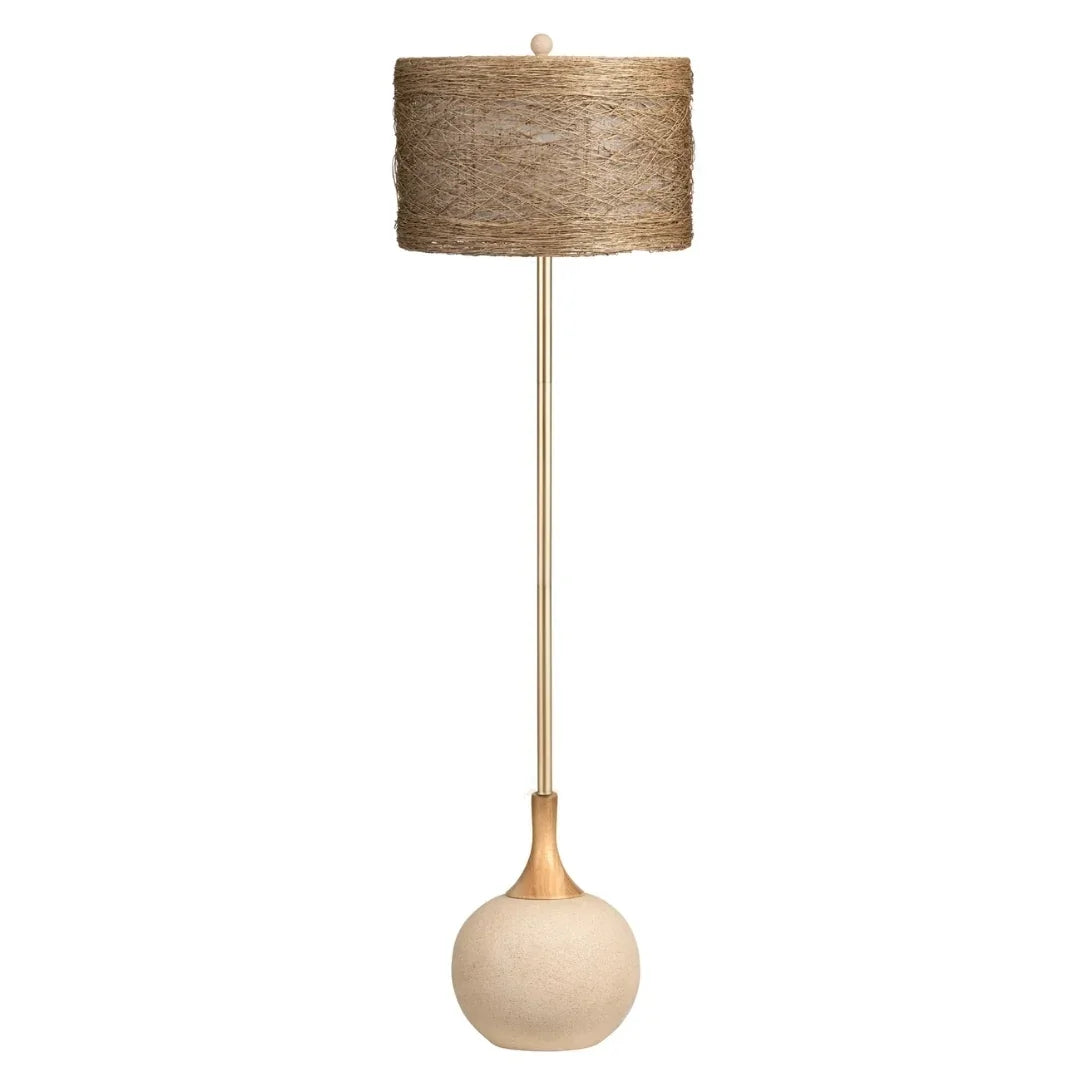 Natural boho floor lamp with woven jute shade and ceramic base, perfect for coastal or farmhouse decor