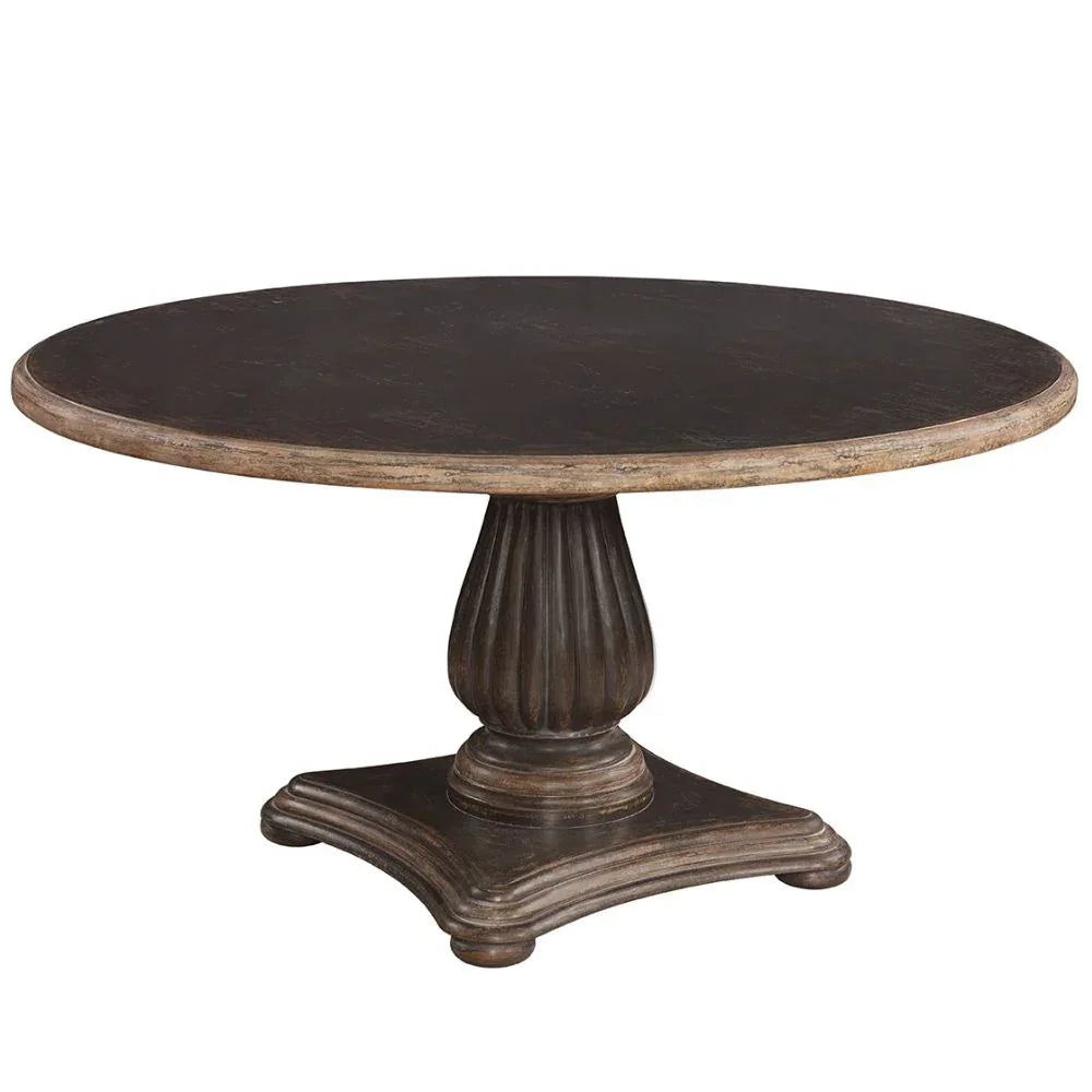 Rustic round pedestal dining table in farmhouse style with distressed finish