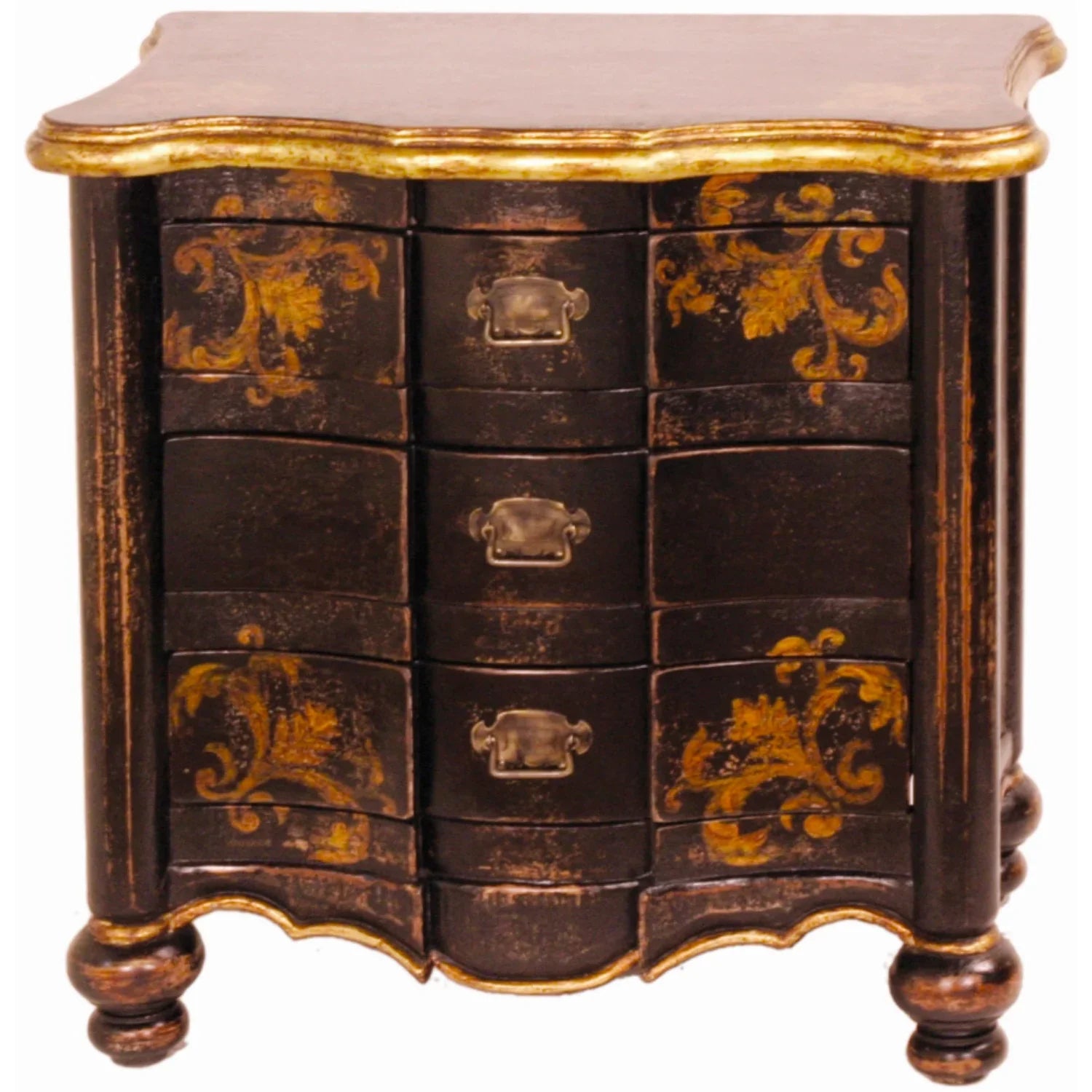 Elegant black and gold French country nightstand with ornate floral designs and vintage hardware