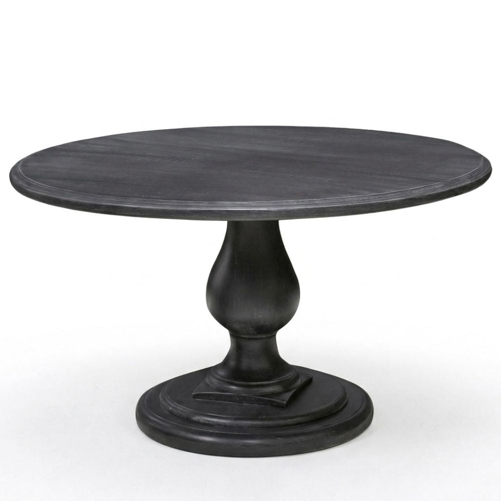 A round black pedestal dining table with a distressed finish, shown on a clean white background.