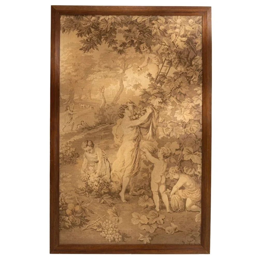 Framed French country tapestry with pastoral scene, cherubs, and grapevines, ideal for shabby chic or farmhouse decor