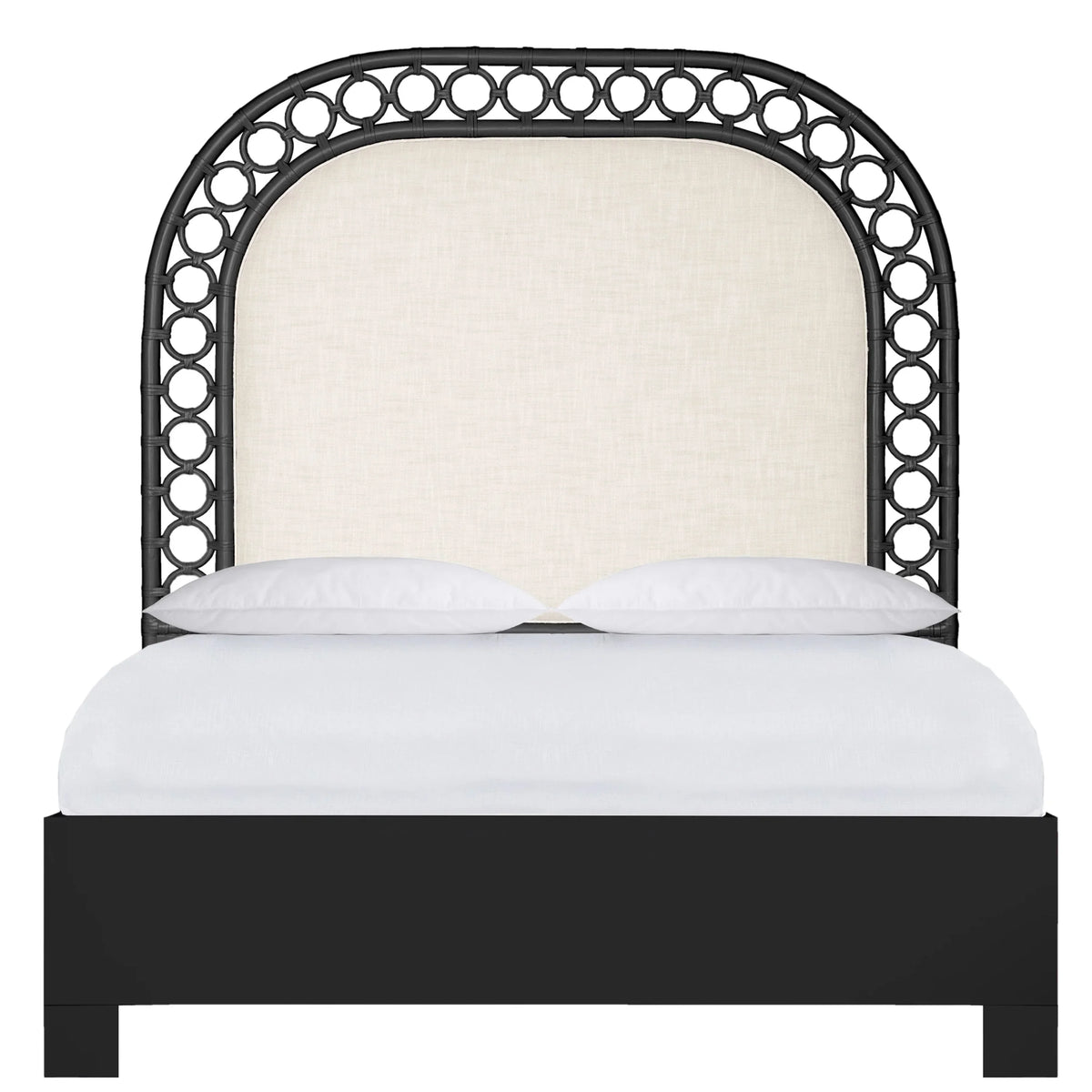 Black arched headboard bed with cream fabric panel and ring detail in a boho style.