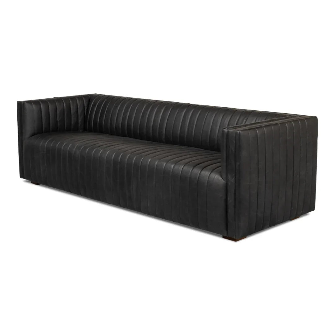 Black leather sofa with vertical channel tufting, modern farmhouse style living room furniture