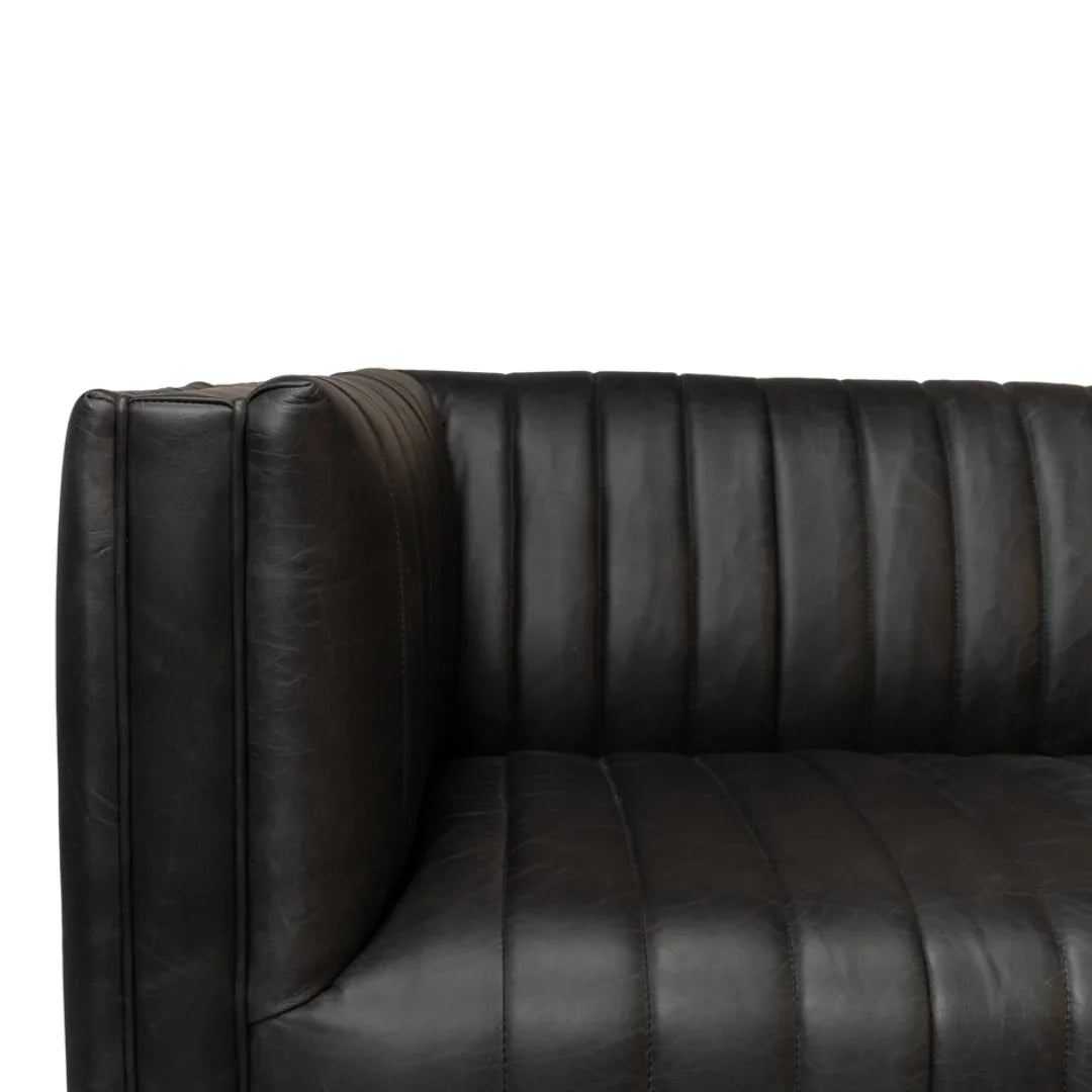 Black Channel Tufted Leather Tuxedo Sofa
