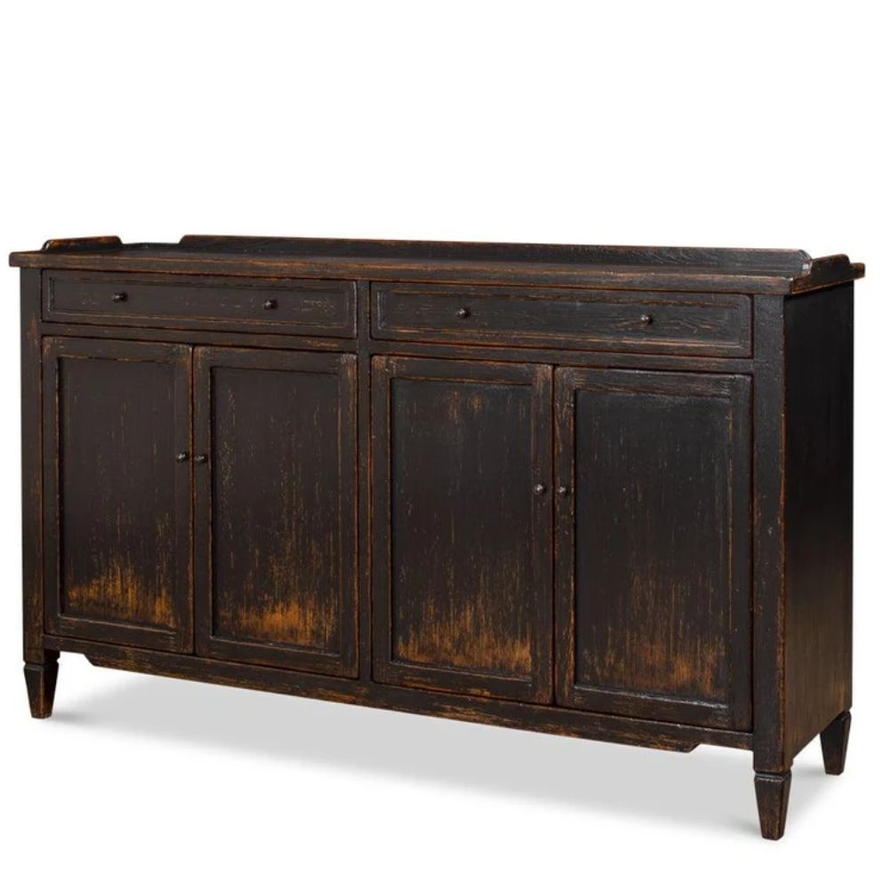 Distressed black farmhouse sideboard with four doors and two drawers, rustic shabby chic style