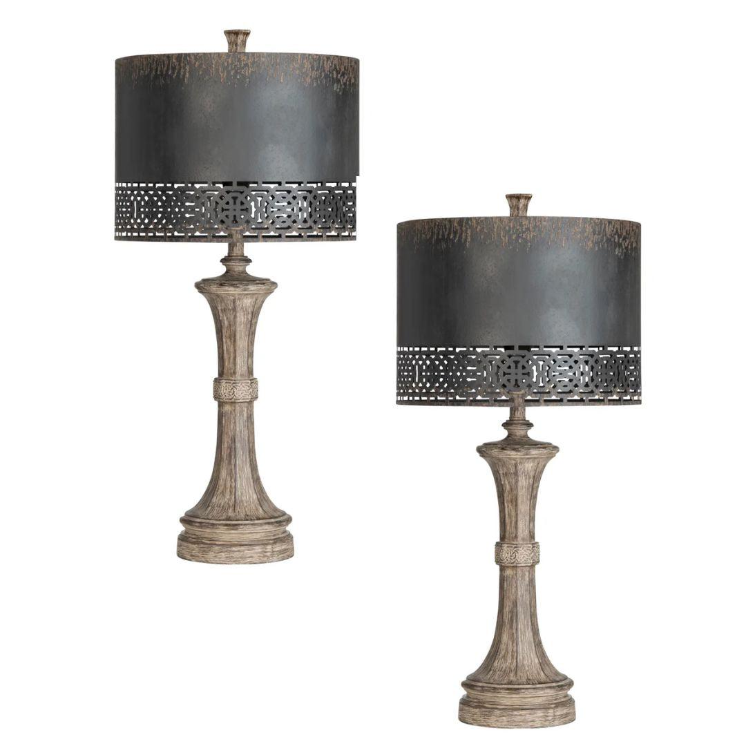 Black Pierced Metal Shade Table Lamp - Set